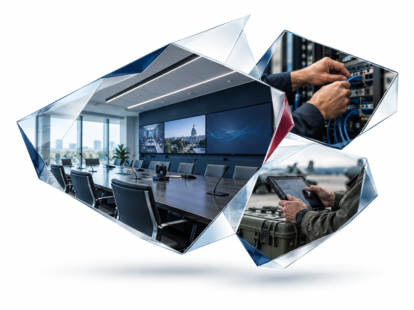 Conceptual geometric composition of a conference room, network integration, and field support