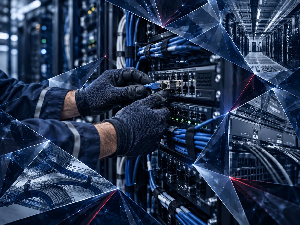 Technician in work gloves plugging a network cable into a server rack in a data center