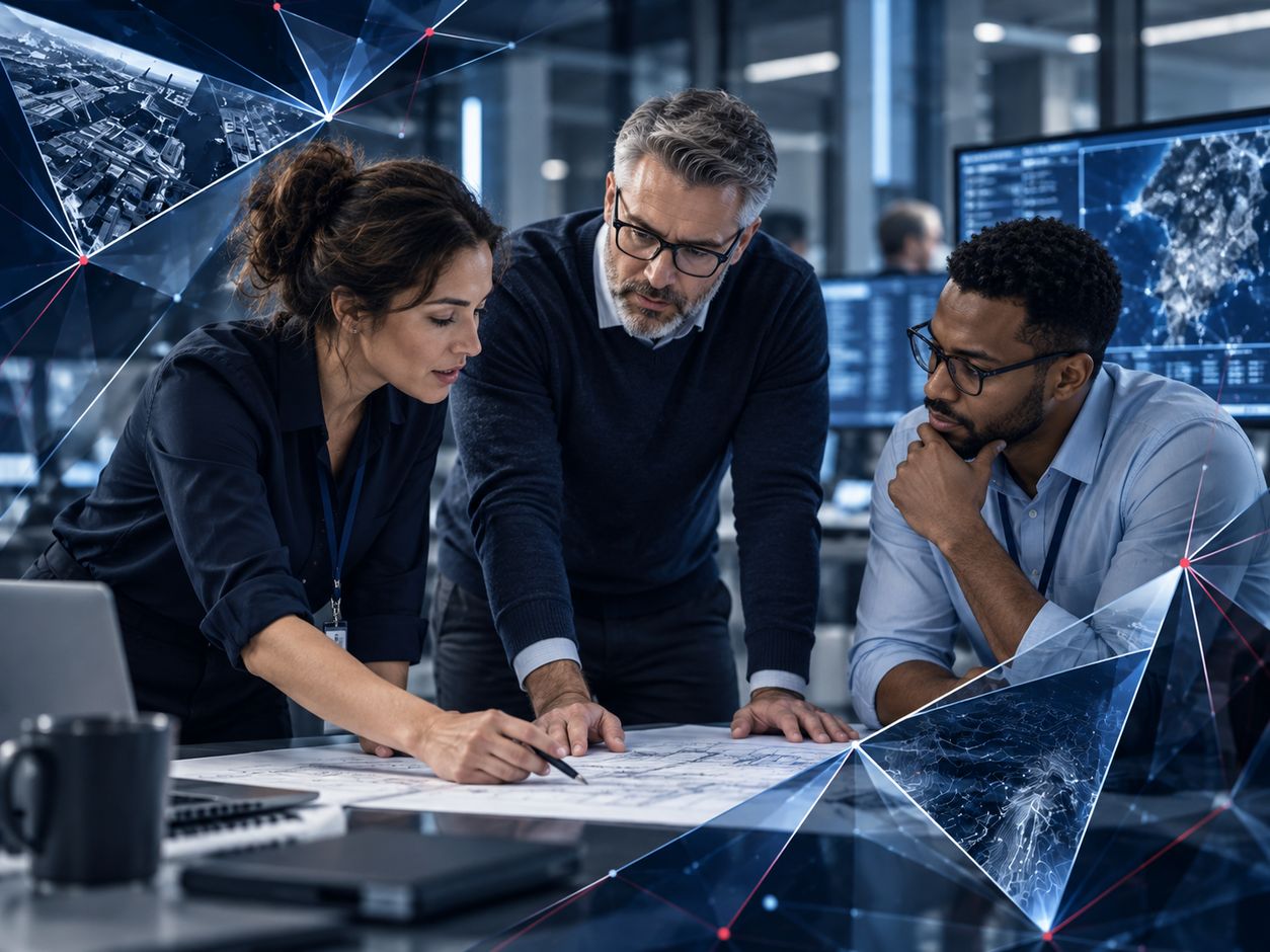 Three IT colleagues reviewing plans together at a desk in a technology office